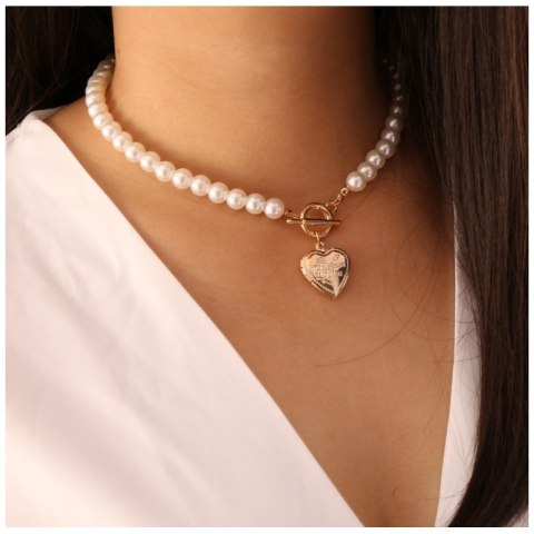 NASZYJNIK SZTUCZNE perły z sercem N716