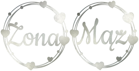 Dekoracje Weselne Koła Mąż Żona SREBRNE 40cm z Sercami Ślubne Zestaw