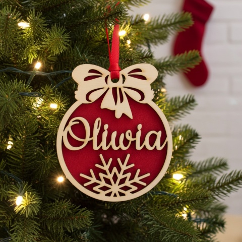 Personalizowana bombka z imieniem – drewniana ozdoba choinkowa 10 cm z filcem (3 kolory)