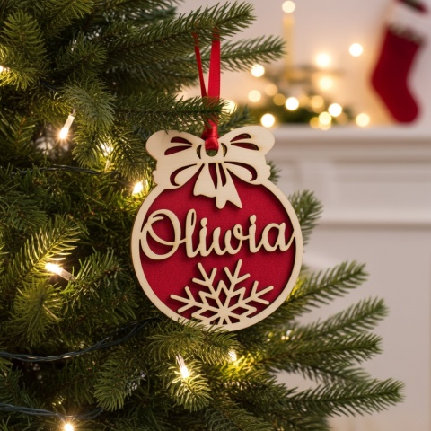 Personalizowana bombka z imieniem – drewniana ozdoba choinkowa 10 cm z filcem (3 kolory)
