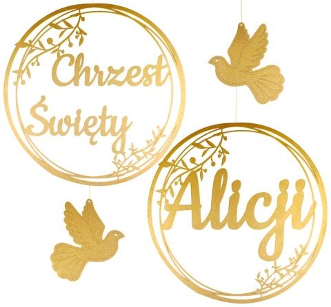 Dekoracje na Chrzest z Imieniem Obręcze 40cm Złote Ozdoby z Gołębiami