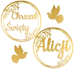 Dekoracje na Chrzest z Imieniem Obręcze 30cm Złote Ozdoby z Gołębiami