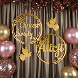 Dekoracje na Chrzest z Imieniem Obręcze 30cm Złote Ozdoby z Gołębiami