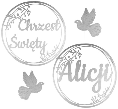 Dekoracje na Chrzest z Imieniem Obręcze 40cm Srebrny Ozdoby z Gołębiami