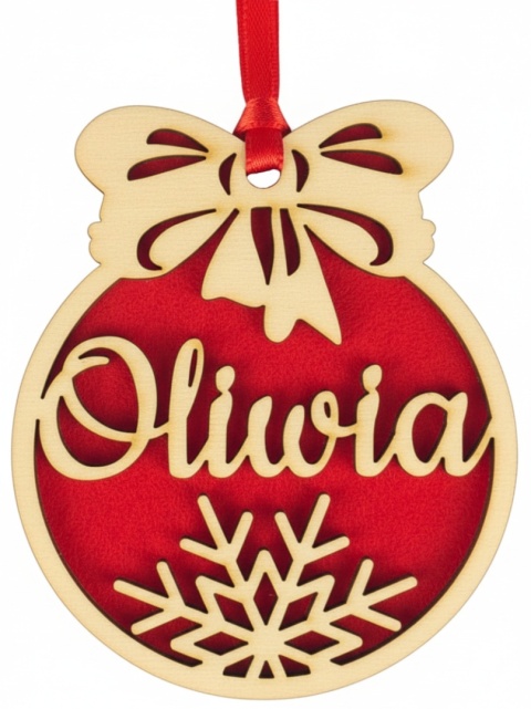 Personalizowana bombka z imieniem – drewniana ozdoba choinkowa 10 cm z filcem (3 kolory)