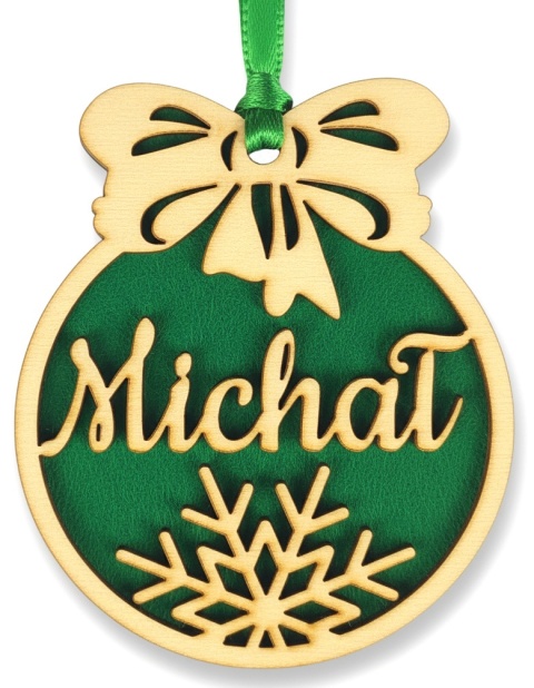 Personalizowana bombka z imieniem – drewniana ozdoba choinkowa 10 cm z filcem (3 kolory)