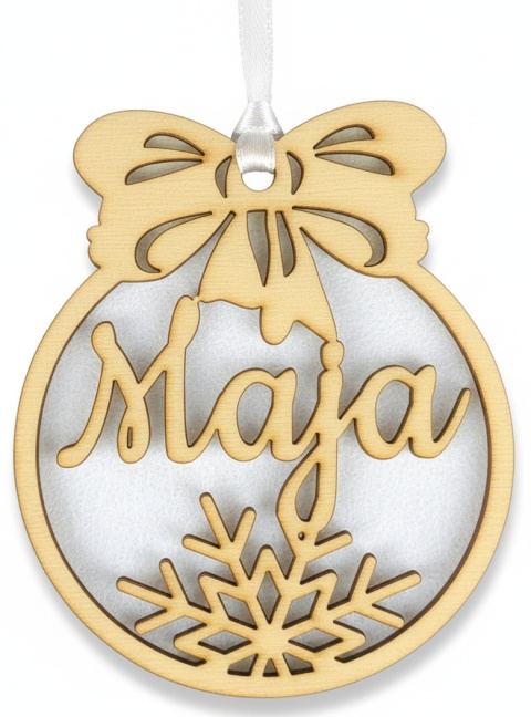 Personalizowana bombka z imieniem – drewniana ozdoba choinkowa 10 cm z filcem (3 kolory)