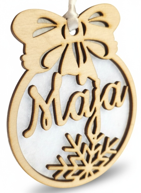 Personalizowana bombka z imieniem – drewniana ozdoba choinkowa 10 cm z filcem (3 kolory)