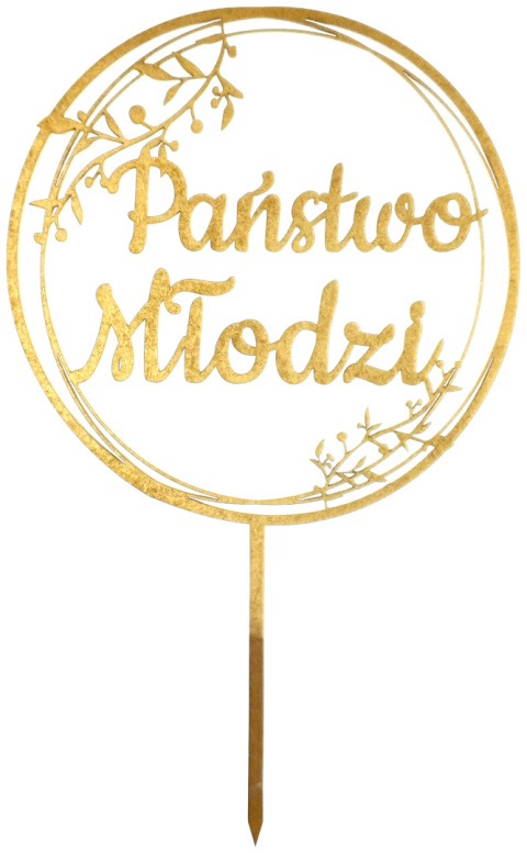Topper Na Tort z Napisem PAŃSTWO MŁODZI, Duży - 17 cm Dekoracja Na Wesele, Ślub, Rocznicę, Kolor Złoty