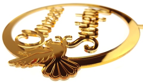 Topper na Chrzest Święty Złoty Lustrzany Plexi 17cm z motywem Gołębia