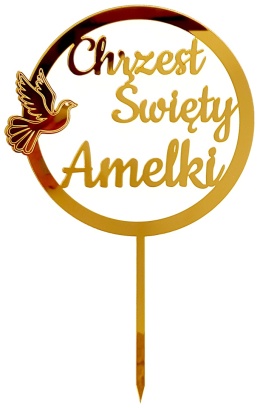 Topper na Tort Chrzest Święty z Imieniem i Gołębiem Złoty Lustrzany Plexi 17cm