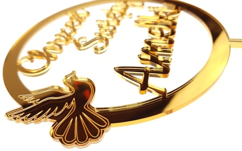 Topper na Tort Chrzest Święty z Imieniem i Gołębiem Złoty Lustrzany Plexi 17cm
