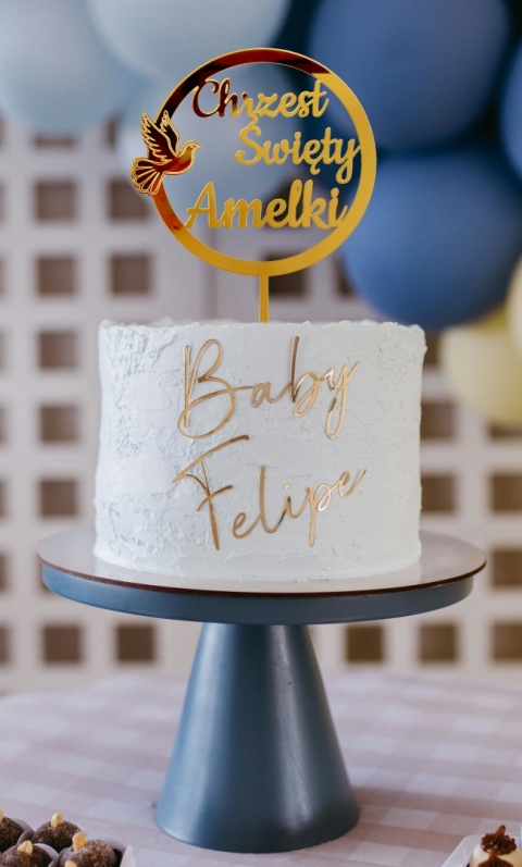 Topper na Tort Chrzest Święty z Imieniem i Gołębiem Złoty Lustrzany Plexi 17cm