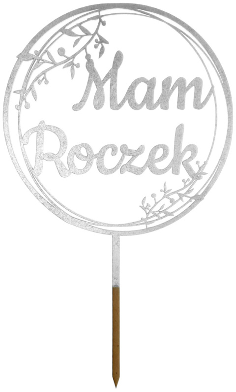 Topper na tort na roczek – srebrny, topper na 1 urodziny, dekoracja tortu, 16 cm