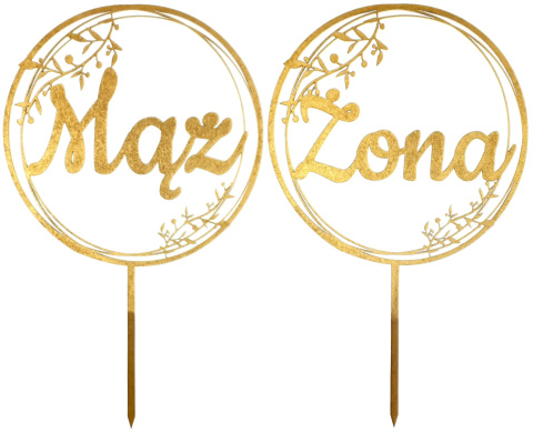 Toppery Na Tort Weselny MĄŻ i ŻONA Zestaw Dwóch Sztuk 17 cm Kolor Złoty Ozdoba na Ślub, Rocznicę