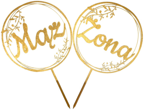 Toppery Na Tort Weselny MĄŻ i ŻONA Zestaw Dwóch Sztuk 17 cm Kolor Złoty Ozdoba na Ślub, Rocznicę