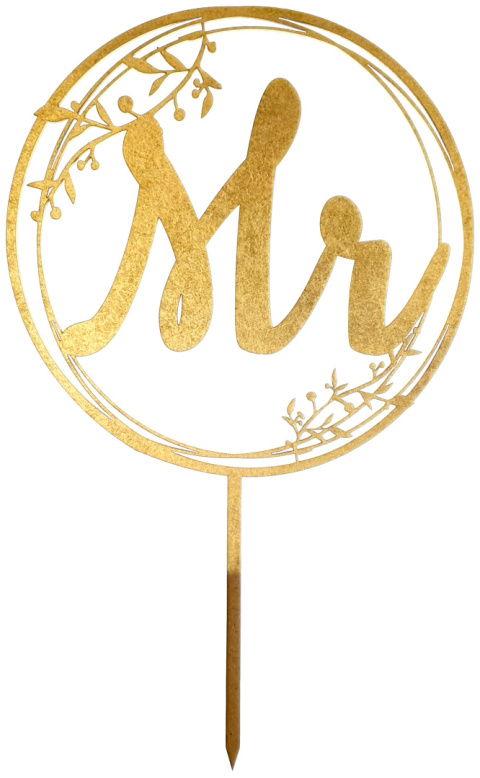 Zestaw Dwóch Topperów Na Tort MR i MRS, 17 cm Kolor Złoty Dekoracja Weselna, Ślubna