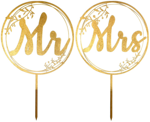 Zestaw Dwóch Topperów Na Tort MR i MRS, 17 cm Kolor Złoty Dekoracja Weselna, Ślubna