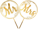 Zestaw Dwóch Topperów Na Tort MR i MRS, 17 cm Kolor Złoty Dekoracja Weselna, Ślubna