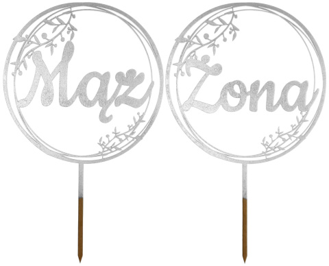 Zestaw Dwóch Topperów Na Tort Weselny MĄŻ i ŻONA 17 cm Kolor Srebrny Ozdoba na Ślub, Rocznicę