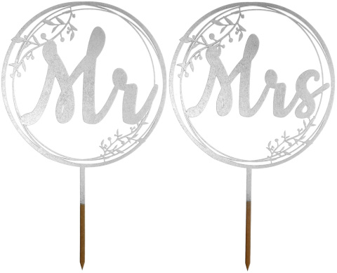 Zestaw Dwóch Srebrnych Topperów Na Tort MR i MRS, 17 cm Dekoracja, Napis Weselny, Ślubny