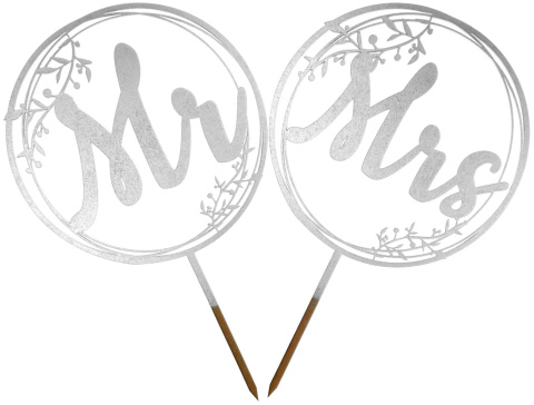 Zestaw Dwóch Srebrnych Topperów Na Tort MR i MRS, 17 cm Dekoracja, Napis Weselny, Ślubny