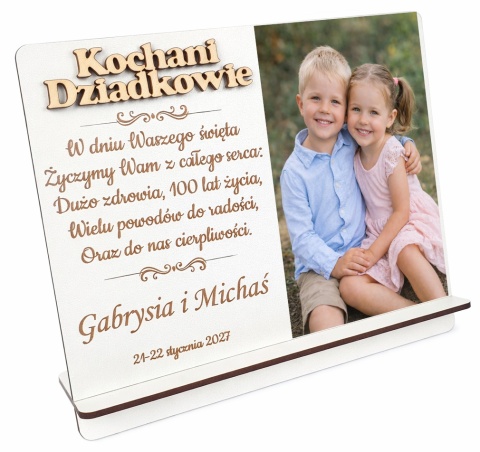 Prezent dla Babci i Dziadka – biała ramka z grawerem i zdjęciem 22×17 cm