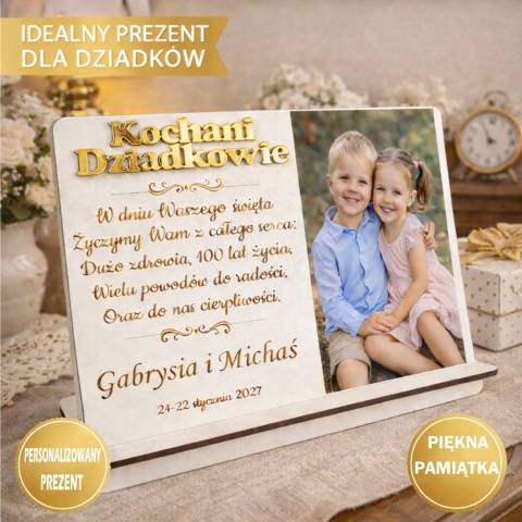Prezent dla Babci i Dziadka – biała ramka z grawerem i zdjęciem 22×17 cm