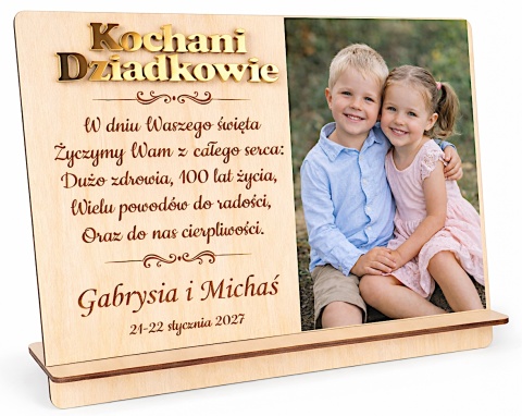 Prezent dla Babci i Dziadka – drewniana ramka z grawerem i zdjęciem 22×17 cm
