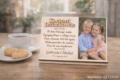Prezent dla Babci i Dziadka – drewniana ramka z grawerem i zdjęciem 22×17 cm